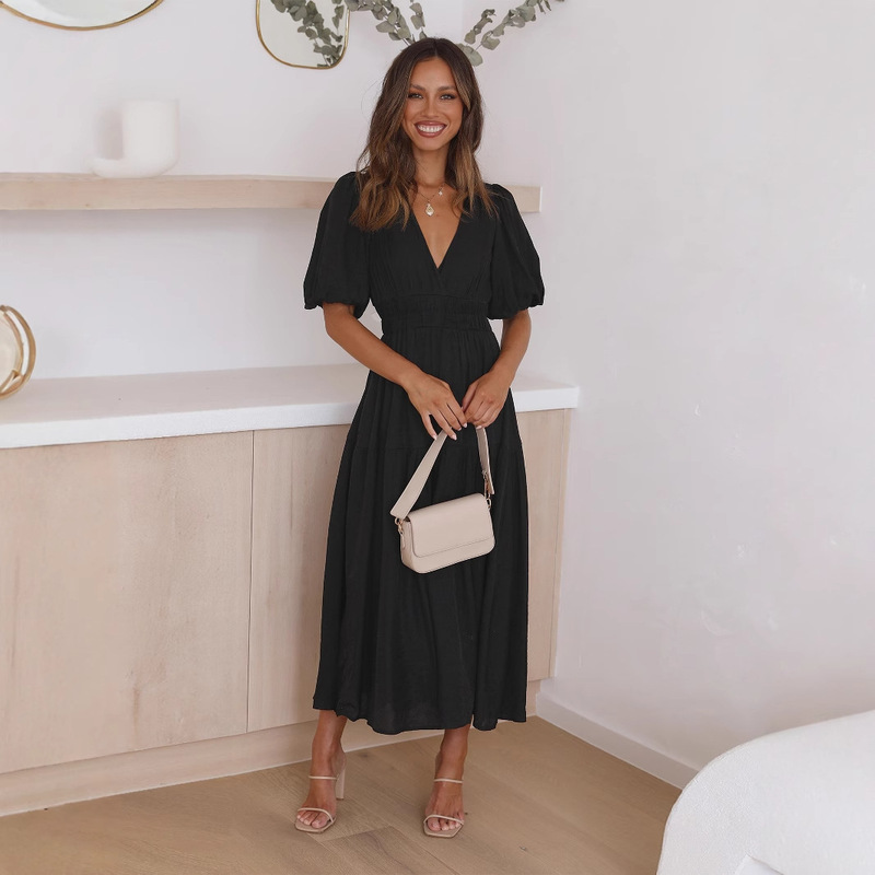 2025 European and American Summer Fashion New Amazon Hot Selling High Sense V-neck Puff Sleeve Holiday dress Women's Wear