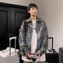 潮牌百搭格子衬衫男女秋季美式复古宽松格纹长袖情侣绿格子男外套
