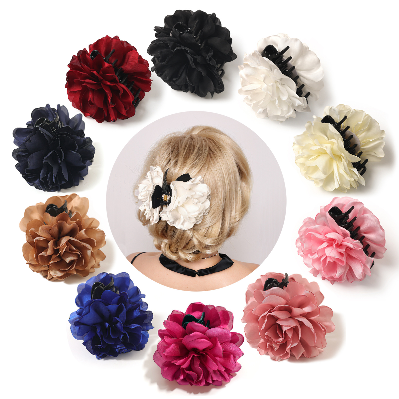 French Satin Camellia Large Grab Clip High-end Romantic Flower Grab Clip Simple Girl's Back Hair Accessories