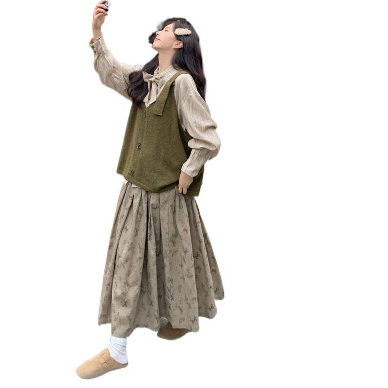 系带长袖衬衫叠穿针织马甲背心毛衣两件套女秋冬印花半身长裙套装|undefined