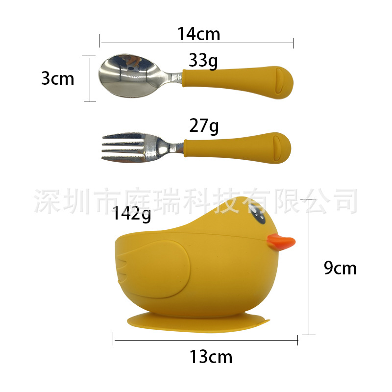 Cuenco de silicona pato suplemento alimenticio Tazón traje 316 tenedor cuchara lindo pollo lechón tazón de bebé resistente a la caída Tazón de cuchara traje