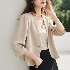 优雅气质简约显瘦通勤微皱缎面七分袖v领外套女2025早秋新款上衣