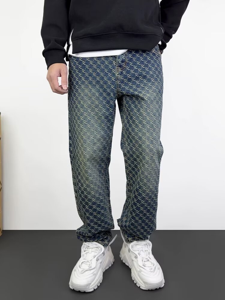 Men's Clothing High End Men's Straight Leg Jeans Streetwear American High Street Style Cool Edgy Vibe Full Print Embroidery_mkmklike.com