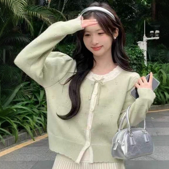 2025 New Autumn and Winter New Style Petite Gentle Style Lace-Up Cut Out Knitted Sweater Women's High-End Cardigan Jacket