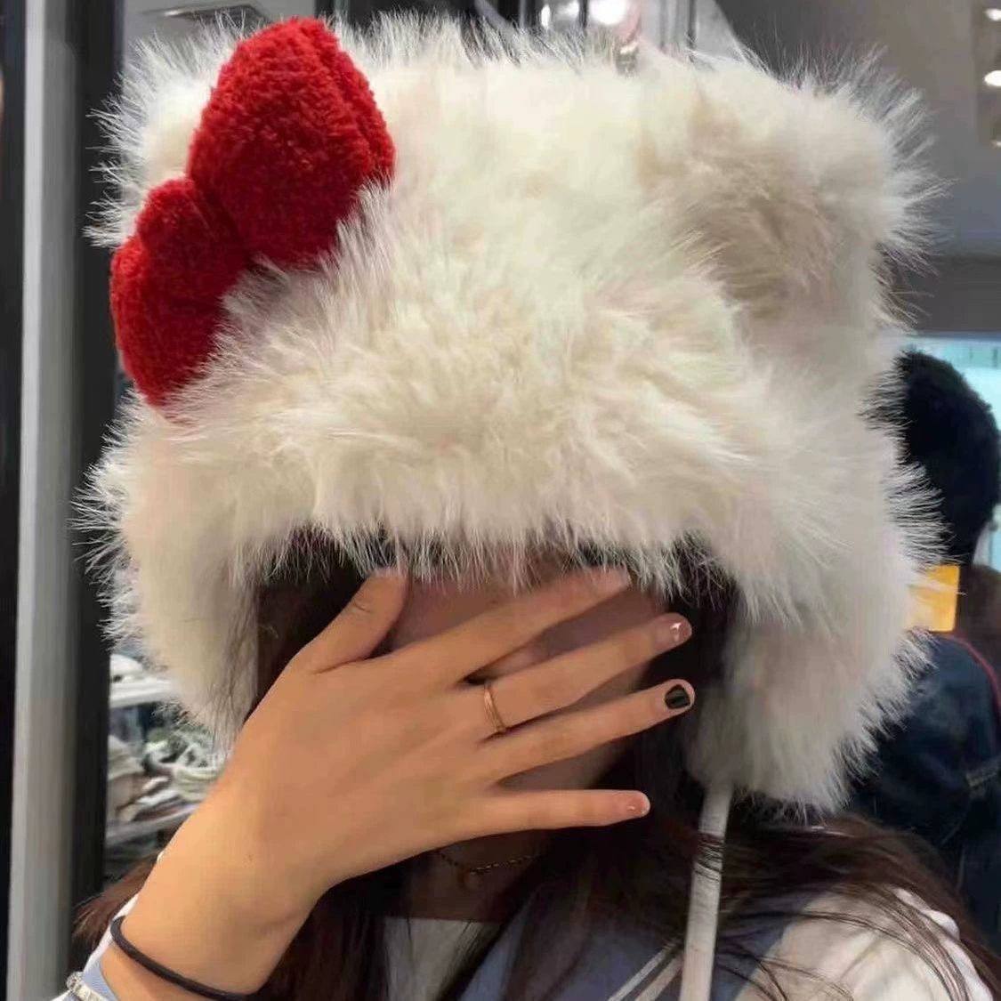Cute Cartoon Bow Trapper Hat, White, Velvet Earflaps, Thick Plush Lining