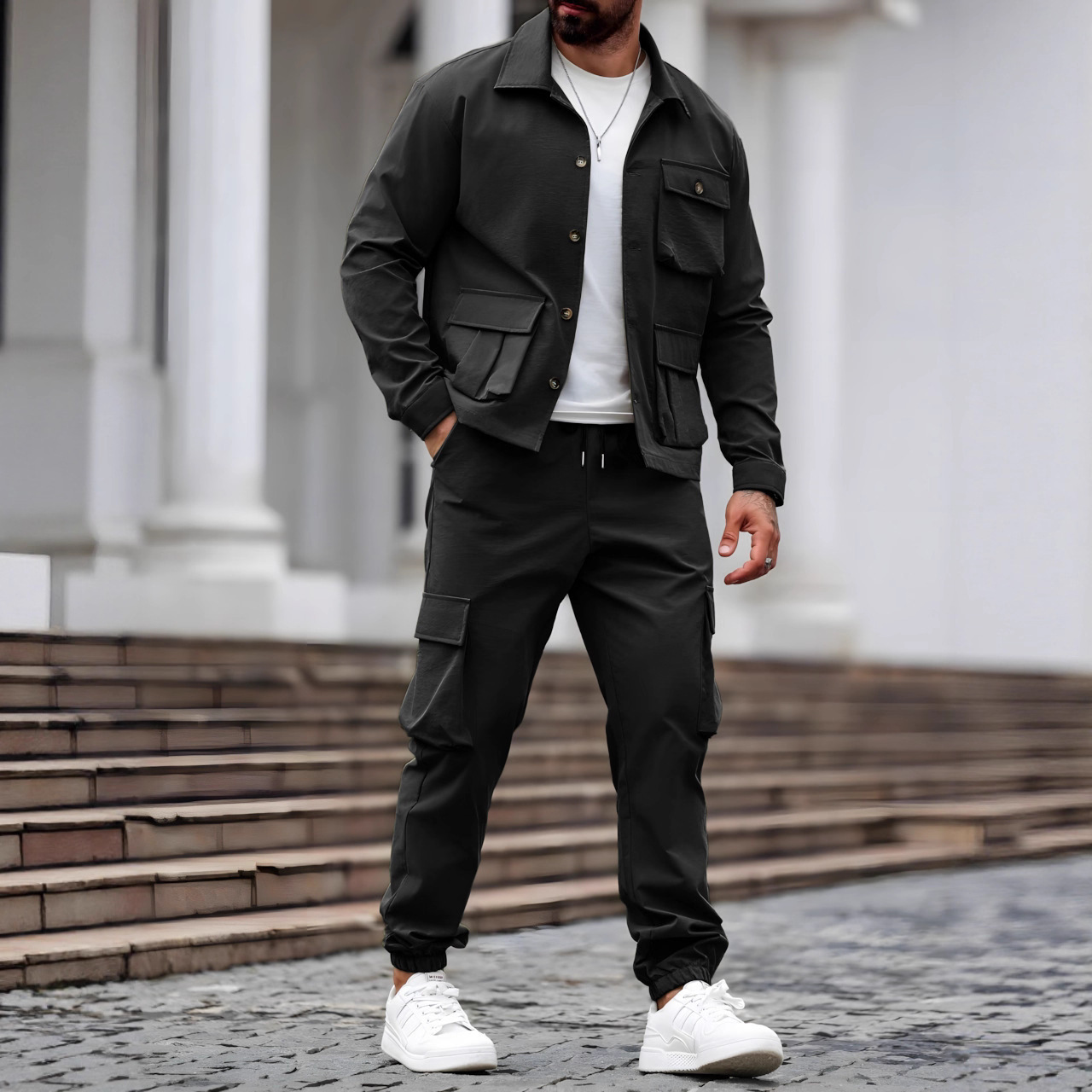 Monochrome Herren-Arbeitskleidung im Vintage-Stil (Übergröße), Frühling/Herbst-Look, stylische und robuste Jagdjacke für Herren_voghion.com