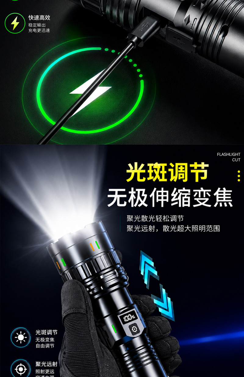 Cross-border ultra-bright tactical outdoor flashlight made of aluminum alloy with digital display, retractable zoom, and long battery life