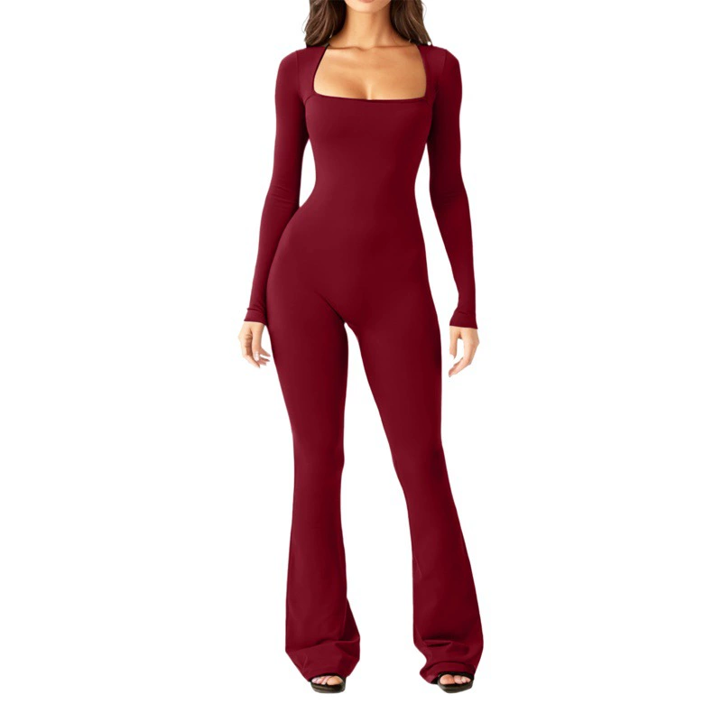 Трансграничный 2023 европейский и американский женский комбинезон Amazon для внешней торговли с длинными рукавами, сокращающим живот, подтягивающий талию, бедра с квадратным воротником, широкими штанинами, Высокоэластичный комбинезон