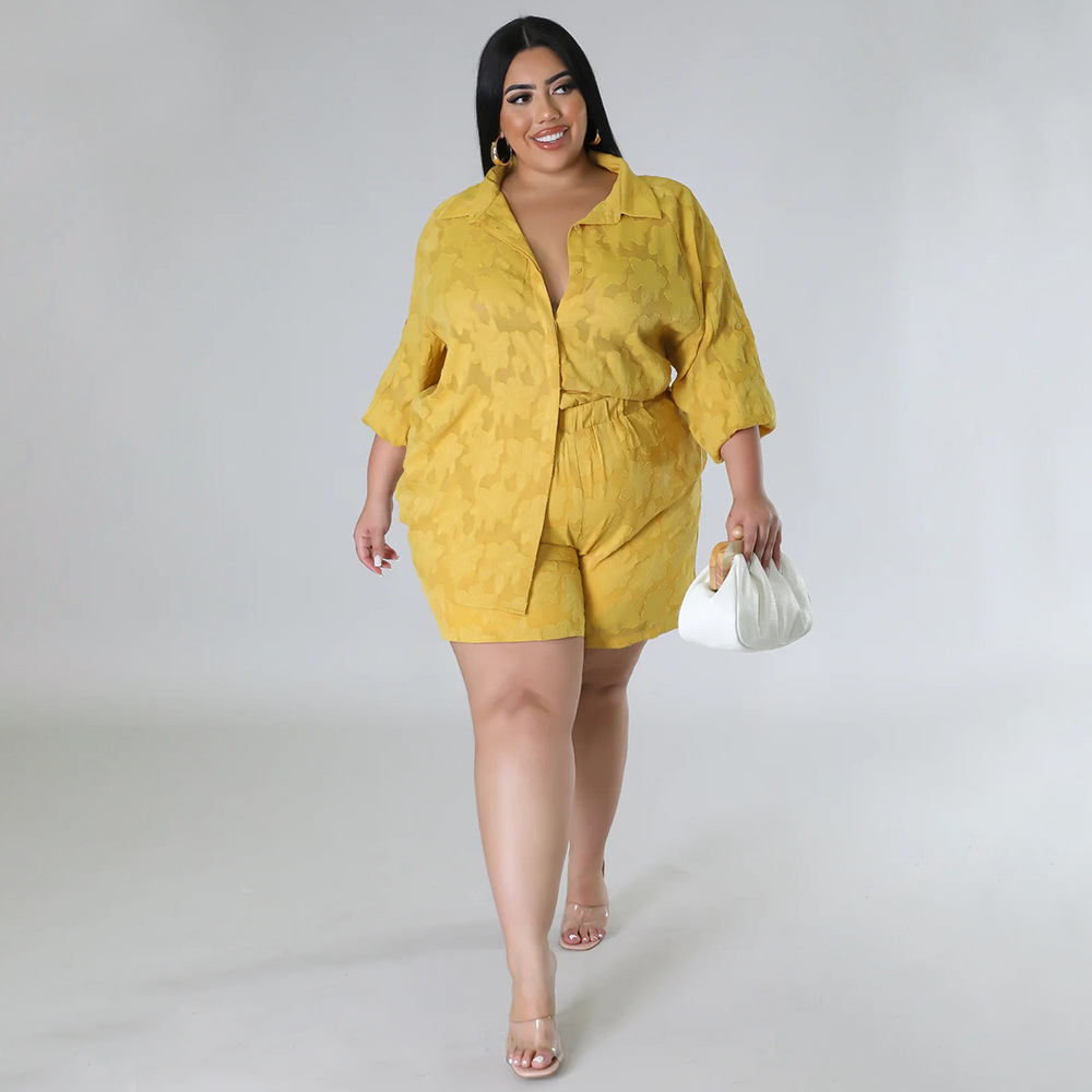Spring Summer Women's Chiffon Jacquard Clothing Set Hollowed out Top And Shorts_ecoleips.com