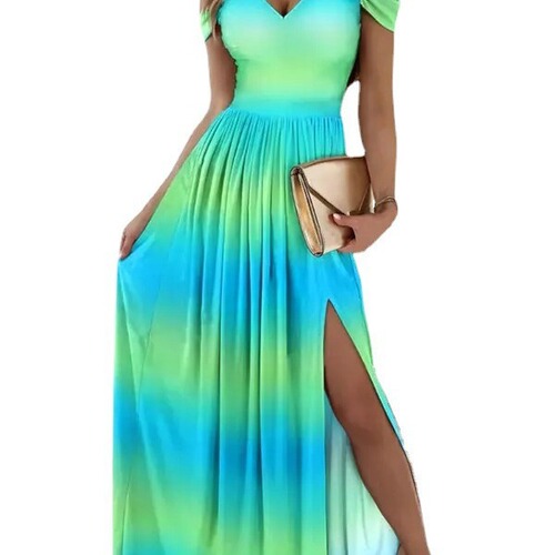 Bestselling European and American Women's Fashion Long Dress with Print V-neck, Elegant, Sleeveless, Sexy, Slit Dress