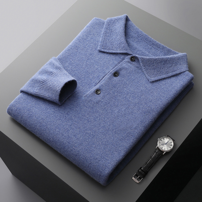 Autumn and Winter New 100 Wool Sweater Men's Shirt Polo Collar Business Casual Long-Sleeved Shirt Collar Knitwear Knitwear
