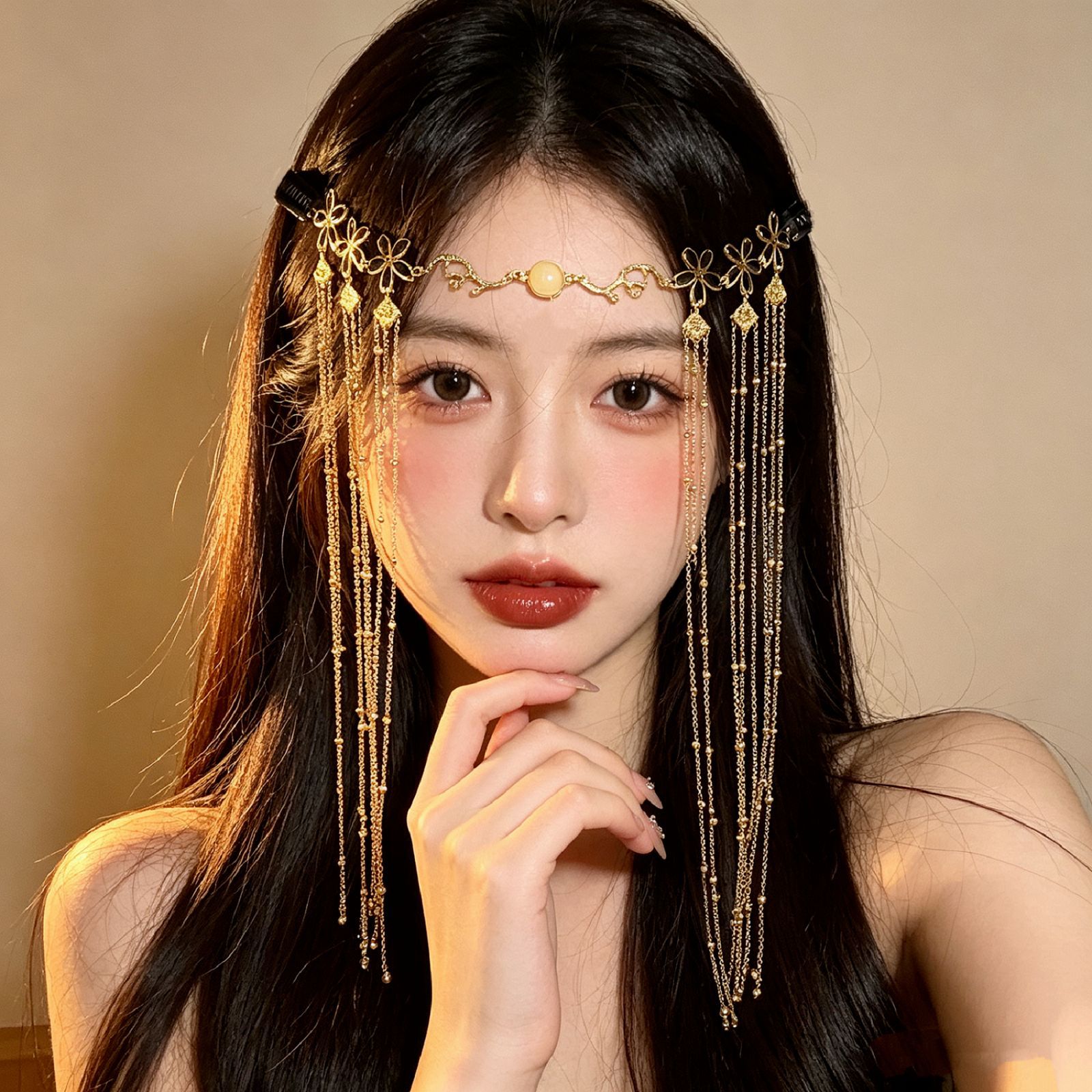 New Chinese-Style Ancient Tassel Forehead Ornament, Hanfu Photo Shoot Face Veil Hair Accessory, Ethereal Face-Covering Veil Headpiece