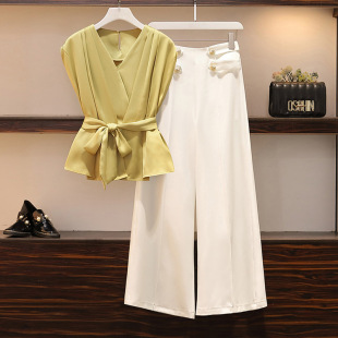 2025 Middle-Aged Plus Size Mother's Summer Fashion Suit Slimming Look Top High Waist Wide Leg Pants Elegant Two-Piece Set for Women