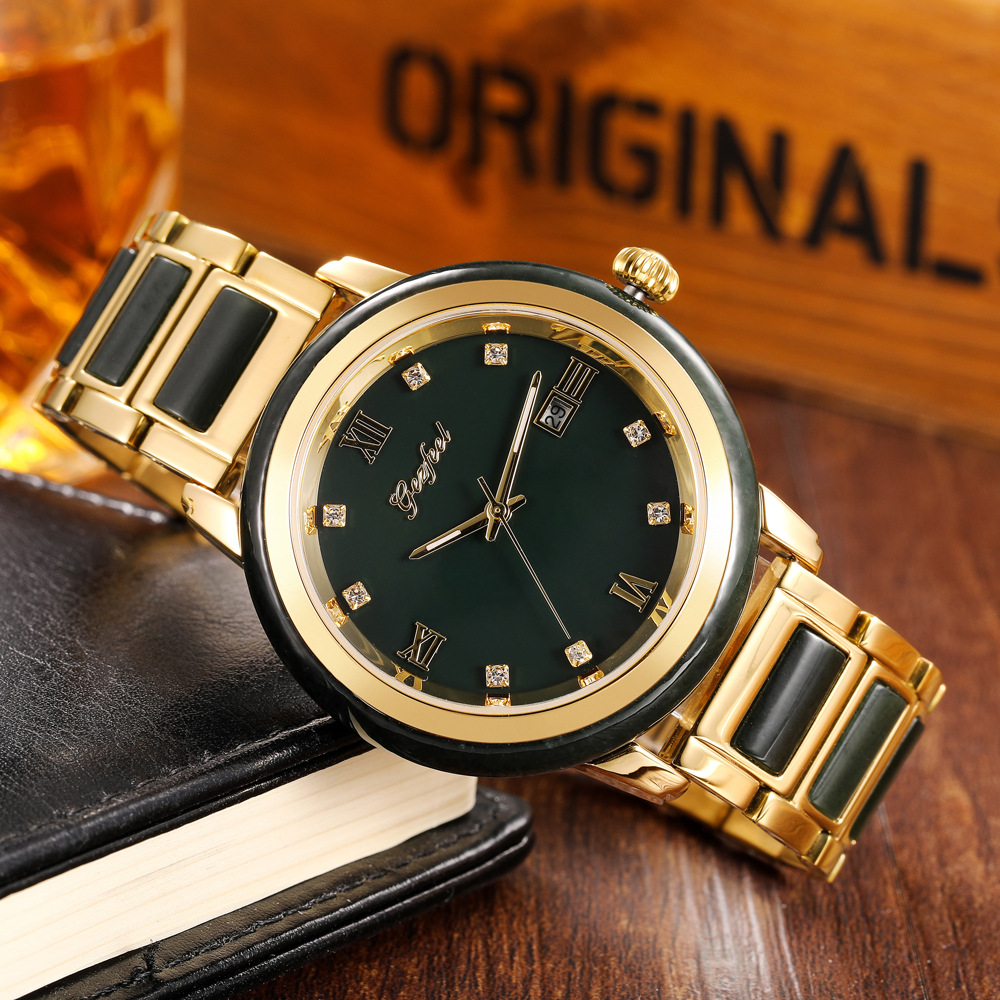 Wholesale Natural Jade Couple Watches with Steel Band, Hetian Jade Men's Quartz Watch, Green Jade Fashion Women's Wristwatch
