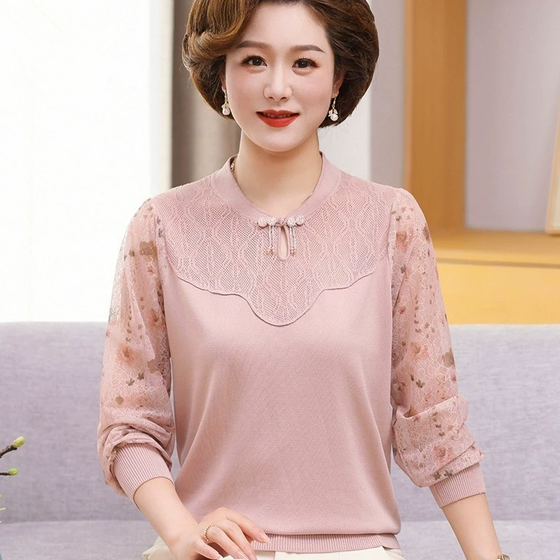 Мама весенняя иностранная страна стиль тонкая рубашка среднего и пожилого возраста весна и лето ледяная шелковая футболка свекровь вязаные марлевые рукава