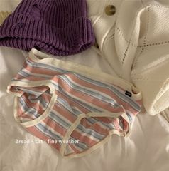 Comfortable, Simple, Cute, Japanese-Style, Fresh, Soft Striped Contrast Color Medium-Waist Women's Triangular Underwear