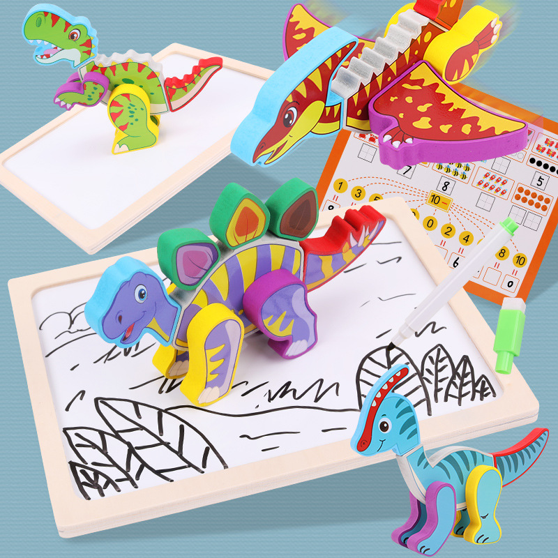 Dinosauro de madera de absorción tridimensional puzzle puzzle set tablero de dibujo tridimensional creativo puzzle juguetes