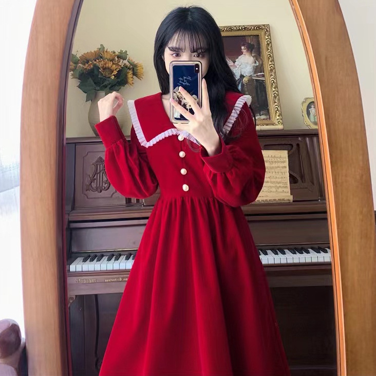 Plus Size Red Velvet Dress Autumn Women Slim Fit