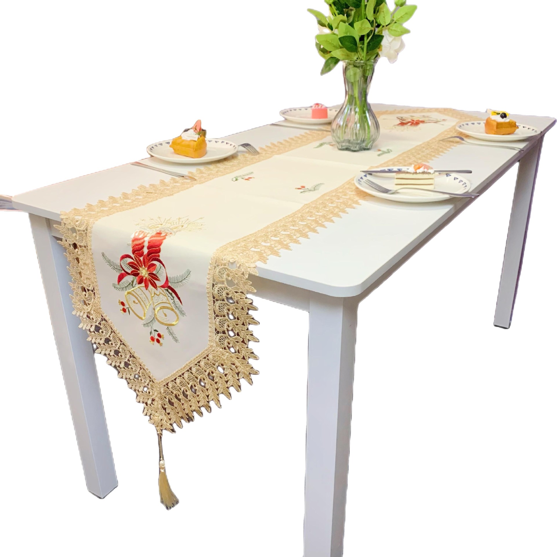 Comercio exterior transfronterizo bandera de mesa de Navidad vela de encaje campanas de viento decoración festiva tela de poliéster larga tela de mesa