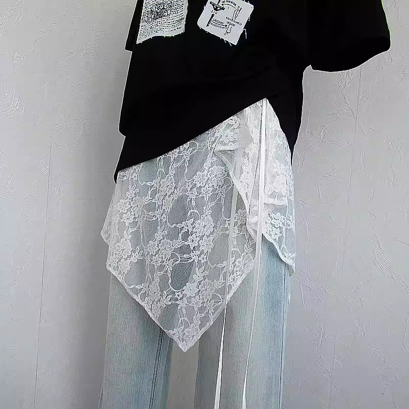 A stylish all-season versatile midi skirt for women, featuring a Korean-style one-piece irregular lace tie design and layered design.
