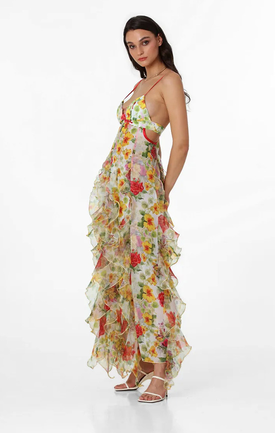 Elegant, Vacation Style Wholesale Women's Elegant Vacation Printing Flower Casual Holiday V Neck Strap Sleeveless Chiffon Dress