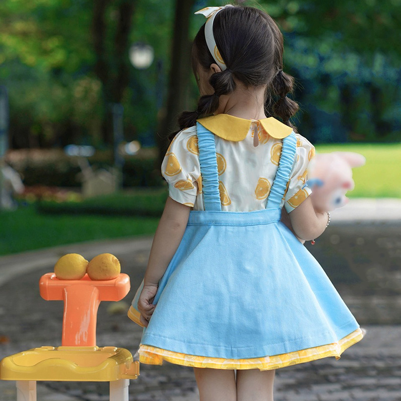 여름, 가을 레몬 셔츠 서스펜더 스커트 공주 스커트 아동복 새로운 스타일의 긴팔 정장 가을, 겨울 이너웨어 벨