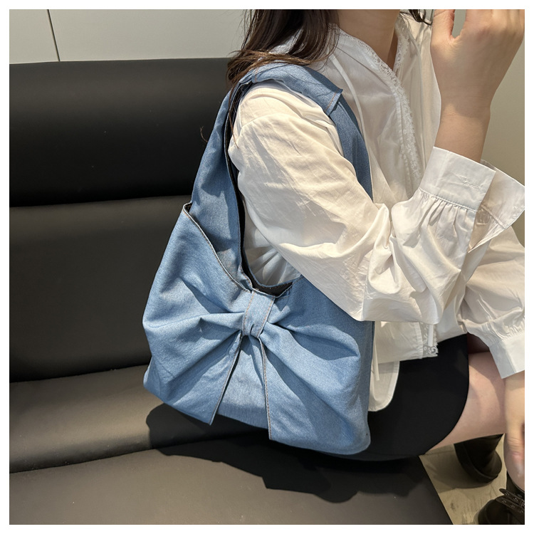 Casual Occasion Women's Large Denim Bow Knot Streetwear Sewing Thread Square Open Tote Bag