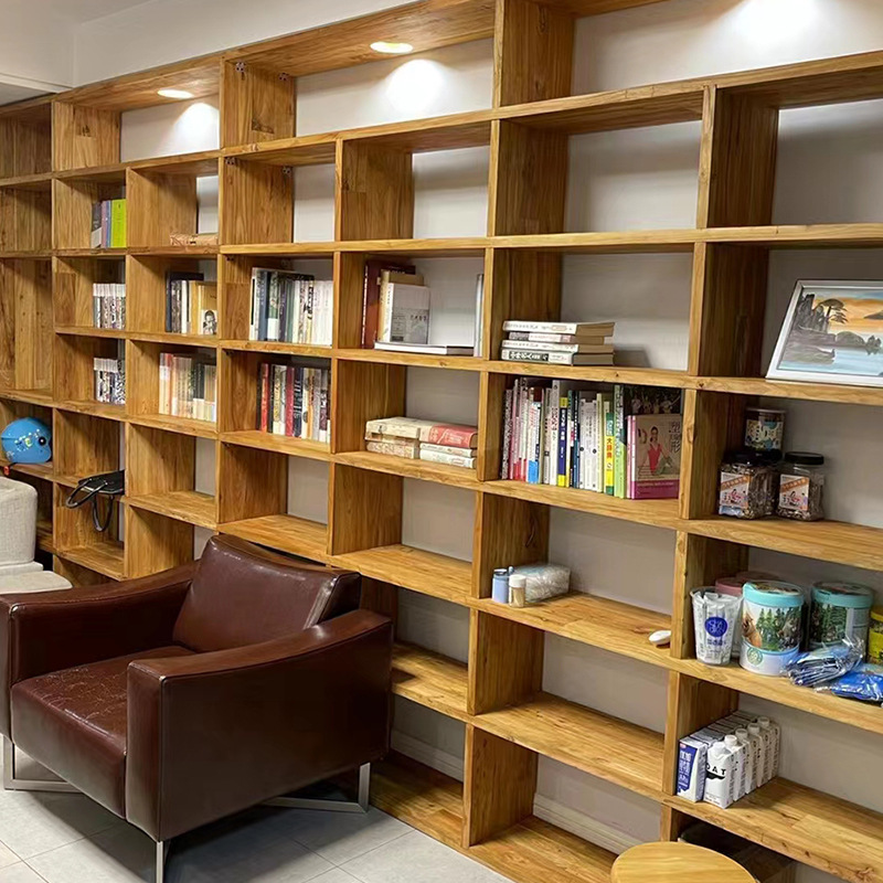 现代简约老榆木书架全墙满墙书柜客厅全实木落地置物架漫咖啡整墙