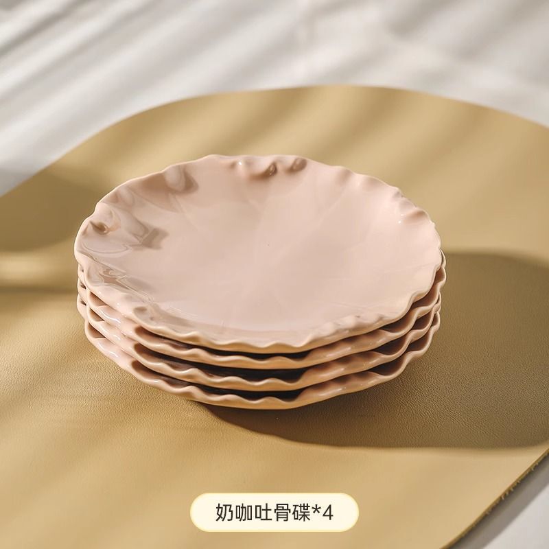 荷叶陶瓷吐骨碟轻奢小吃盘甜品盘干果盘高颜值小碟子带收纳架套装|undefined