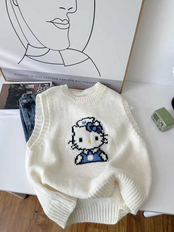 卡通猫甜美针织马甲背心女外穿2025新款宽松坎肩无袖毛衣外套6158|undefined