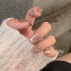 人間煙火純手工穿戴甲片秋冬百搭香檳鑽貓眼輕奢爆閃穿戴式指甲貼