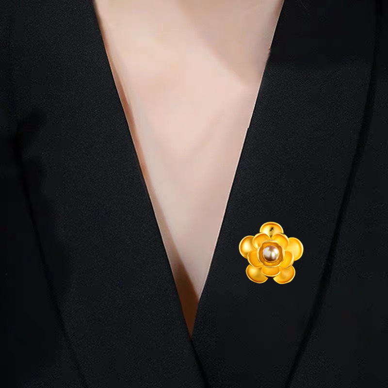 Goldfarbene Perlen Kamelien Brosche Damen Elegante Anstecknadel_voghion.com