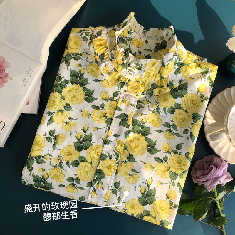 Light ripe wind L * B * rty yellow rose print soft light yellow lace collar long sleeve cotton shirt