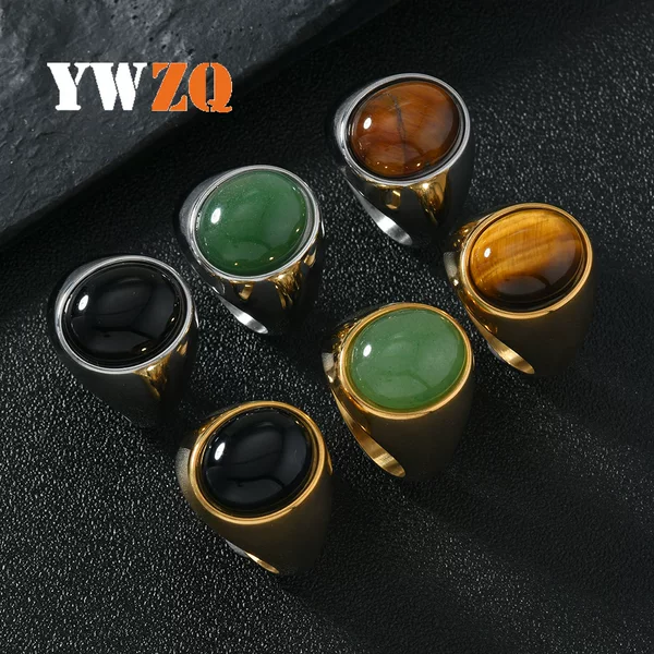 European and American Cross-border Stainless Steel Ring Casting Oval Natural Stone Ring Light Luxury Couple Ring Hand Jewelry Wholesale