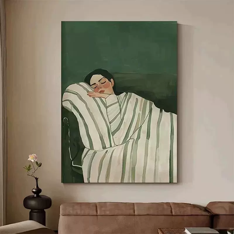 纯手绘人物油画中古风绿色客厅玄关装饰画高档慵懒少女卧室手工画