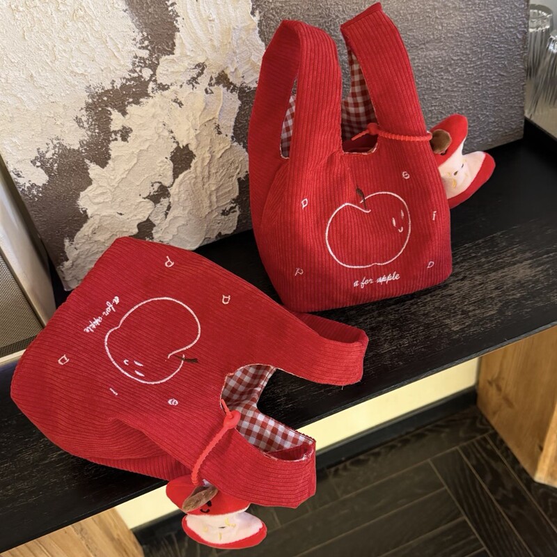 Korean-Style Cute Ins-Style Red Corduroy Apple Handbag, Lightweight and Cute Storage Bag, Small Handbag