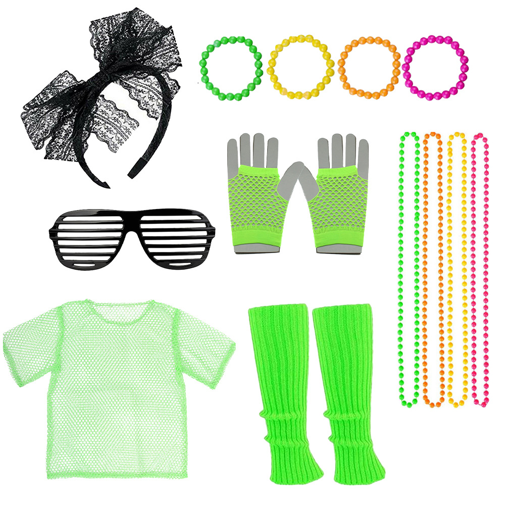 Traje de la década de 1980 fiesta de baile hebilla en la cabeza gafas cadena de cuentas rodilleras falda aretes traje de los 80