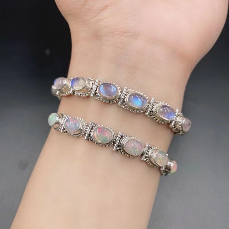 Nepal Handmade Silver Plated Jewelry Opal Blue Moonstone Bracelet Personalized Retro Ethnic Fashion Bracelet