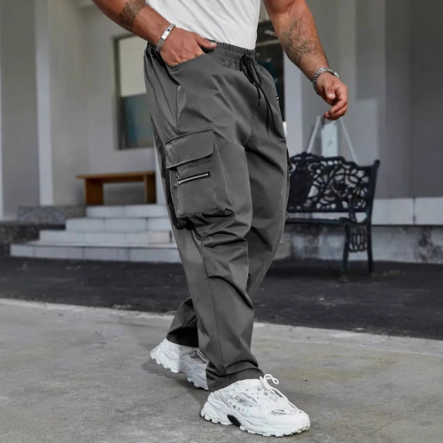 2025 Cross-border New Men's Outdoor Workwear Pants Loose Sports Casual Multi-Pocket Functional Elastic Cord Zipper