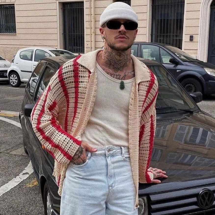 SweaterCrochet StripedThread Lapel Knit Cardigan