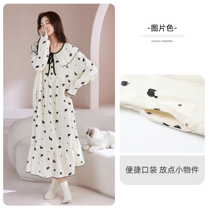 纯棉纱布睡裙女春秋季长袖薄款卡通甜美家居服长款连衣裙圆领套头|undefined