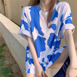 跨境2021年夏季新款设计感奶牛印花短袖t恤女中长款宽松半袖上衣