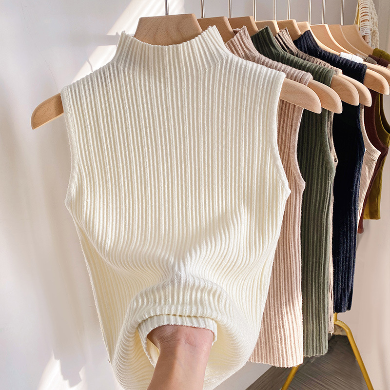 Knitted Inner Vest for Women in Spring, Autumn and Winter New Style Waistcoat Short Half Turtleneck Sleeveless Outer Wear Thickeneded Bottoming Shirt Knitted Inner Vest for Women in Spring, Autumn and Winter New Style Waistcoat Short Half Turtleneck Sleeveless Outer Wear Thickeneded Bottoming Shirt