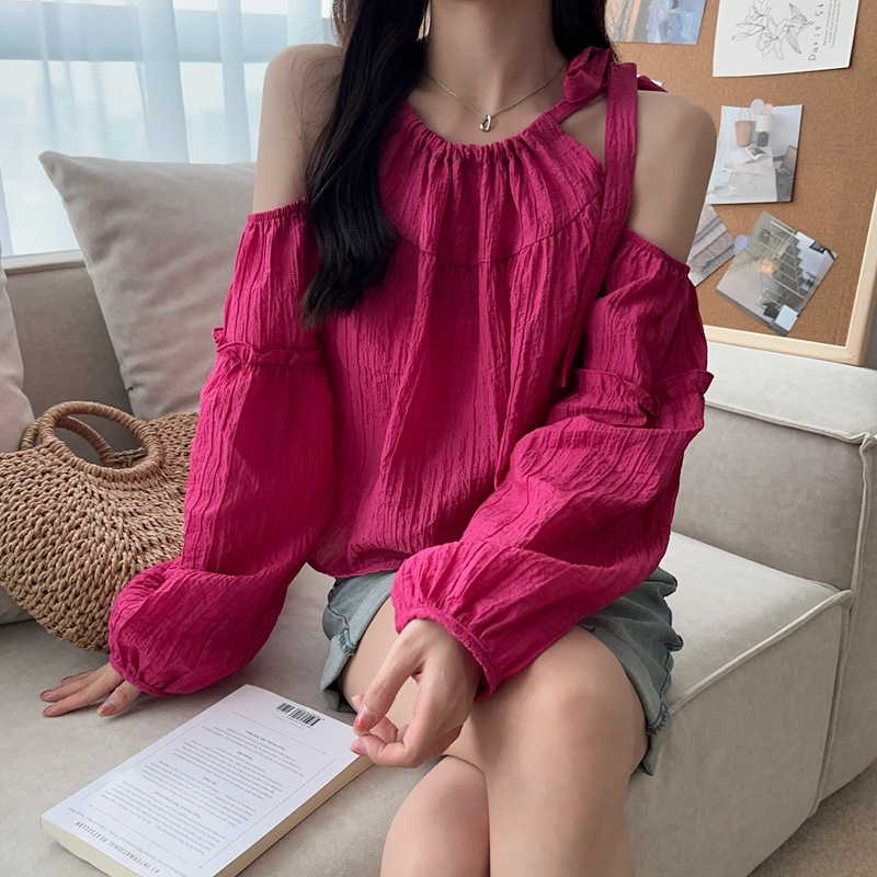 Puff Sleeve Shirt Season 2023 New Design Off-Shoulder Lace-Up Chic Long-Sleeved Autumn and Summer Sun Protection Top Wholesale
