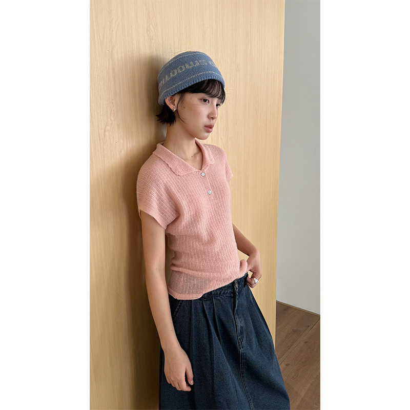 [Clearance, No Returns] Wool Blend Slim-Fit Short-Sleeve Knit Sweater 2025 Autumn New Style Small Lapel Sweater 1069