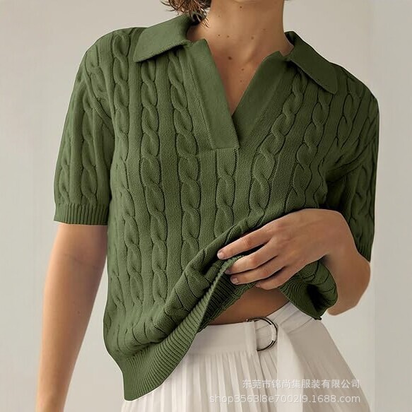 Cable-Knit Lapel Short-Sleeve Sweater for Women, New Korean-Style College Style, Gentle and Lazy Vibe, Spring and Autumn Season
