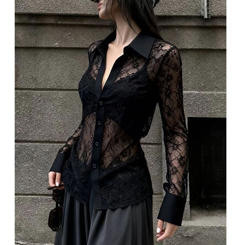 Polo collar long-sleeve sheer mesh thin sexy black lace spliced V-neck slim-fit women's top Polo collar long-sleeve sheer mesh thin sexy black lace spliced V-neck slim-fit women's top