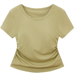 Women's spring and summer with chest pad Cup integrated short sleeve waist tight pleated slimming Korean style top comfortable bottoming shirt