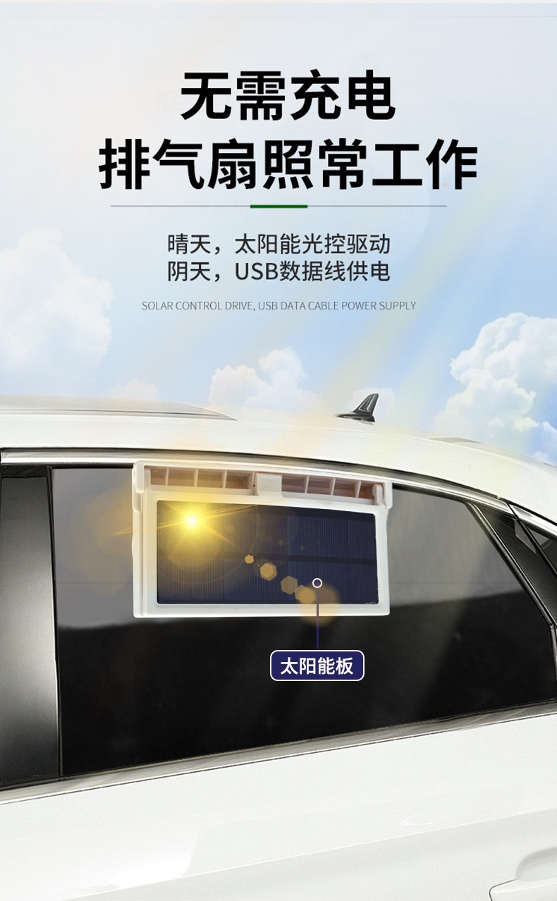 Solar-Powered Car Exhaust Fan New Model USB Interface Car Fan Summer Car Interior Cooler Air Circulator