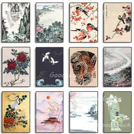 水墨丹青山水海报一件代发装饰油画跨境Temu亚马逊速卖通帆布画芯